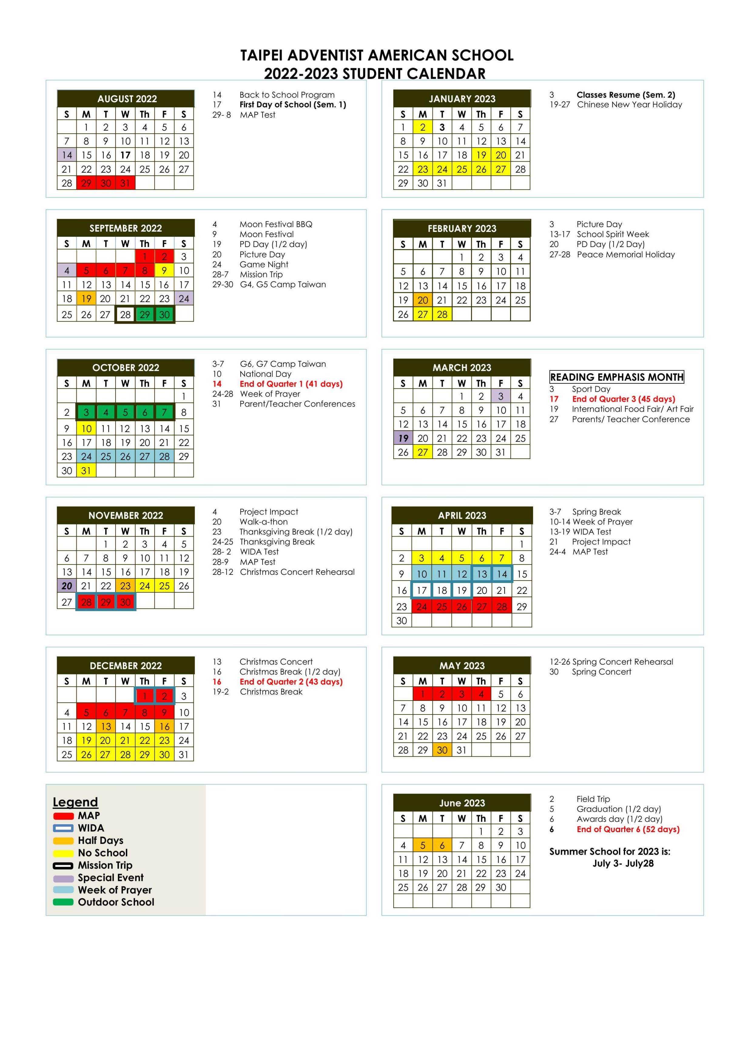 School Calendar - Taipei Adventist American School